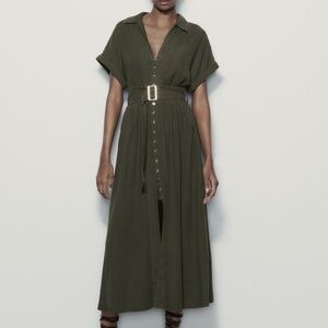 NWT Zara Linen Button-Down Shirt Dress with Tie Belt